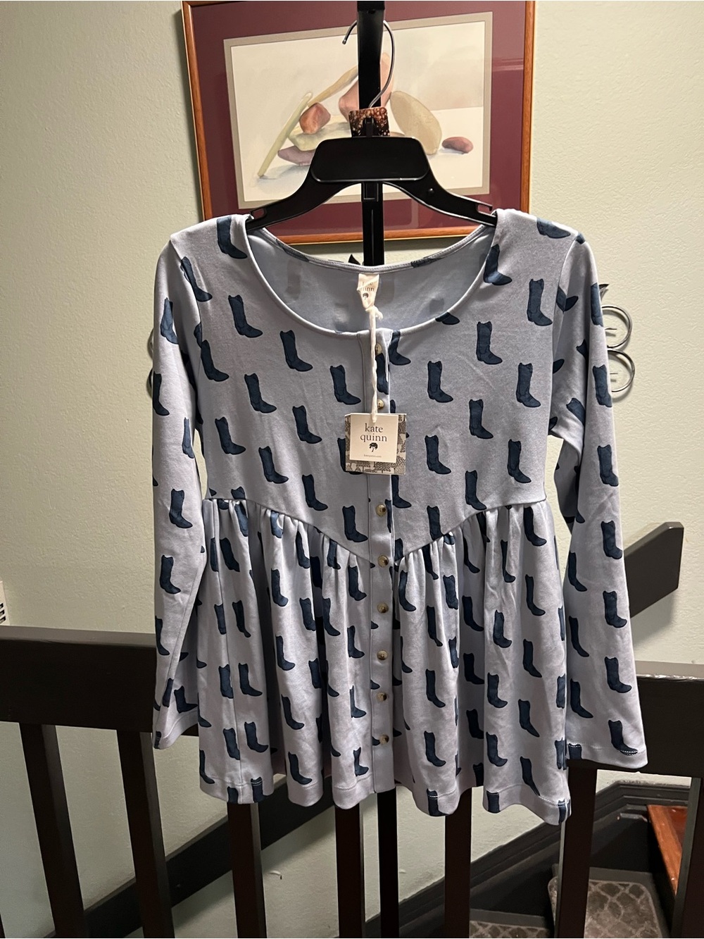 NWT kate quinn Light Blue Long Sleeve  Top with Navy Boot Print #024
